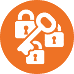 Circular image of white key and 3 locks on orange background